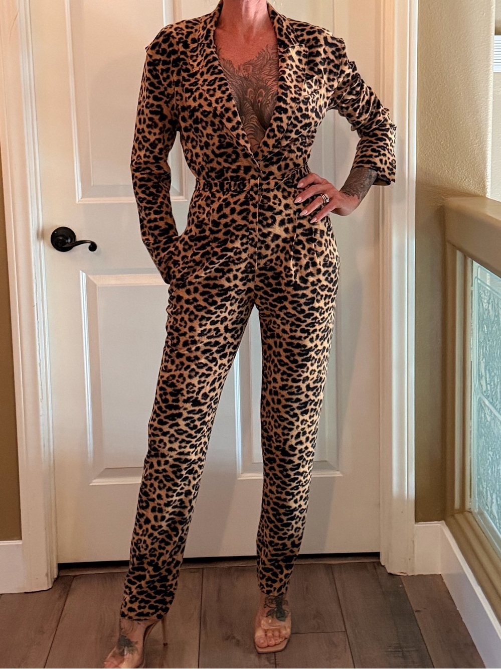 Norma Kamali EUC Leopard Single breasted jumpsuit